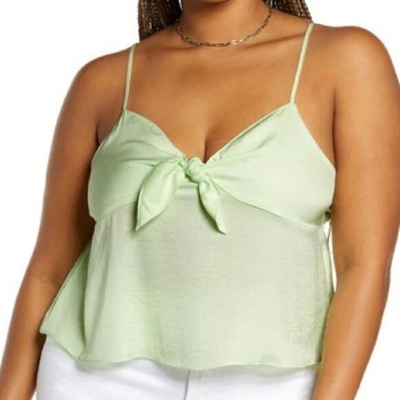 bp Tops - BP Women’s Bow Detail V-Neck Tank Top in Green Limecream W/ Smock Back Size: 3X